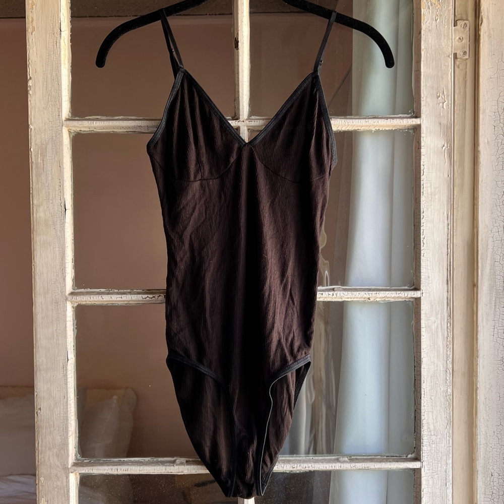 American Apparel Made in the USA Black Ribbed Knit V-Neck Tank Top Bodysuit